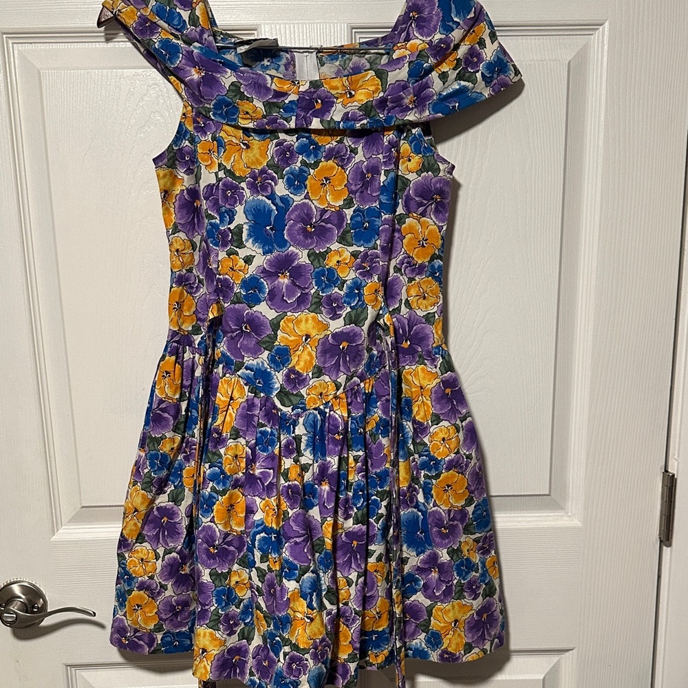 Vintage pansy Dress - Purple and Yellow Small 1980s